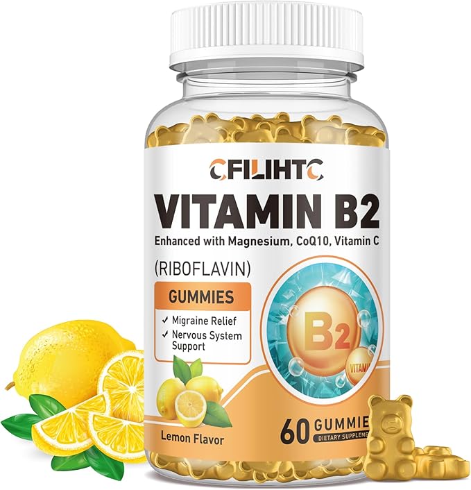 Vitamin B2 Gummies Riboflavin 400mg Supplement for Kids & Adults - Magnesium Glycinate, Zinc, CoQ10, Vitamin B12 - Migraine Relief & Energy, Nervous System Support, Sugar Free Lemon Flavor, 60ct