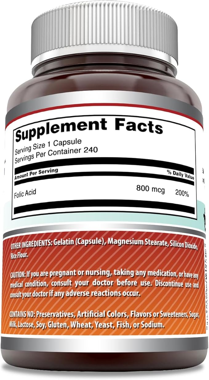 Amazing Formulas Folic Acid Supplement (Vitamin B9) | 800 Mcg | 240 Capsules | Non-GMO | Gluten-Free | Made in USA