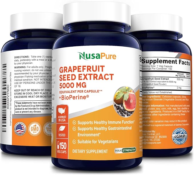 NusaPure Grapefruit Extract 5,000 mg per Capsule (Extract 10:1) Bioperine 150 Veggie caps (Vegan, Gluten Free, Non-GMO)