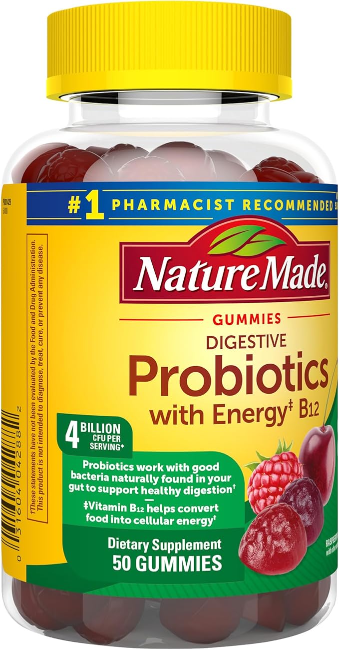 Nature Made Digestive Probiotics and Energy B12 Gummies, Probiotics for Women and Men, 50 Probiotic Gummies, 25 Day Supply