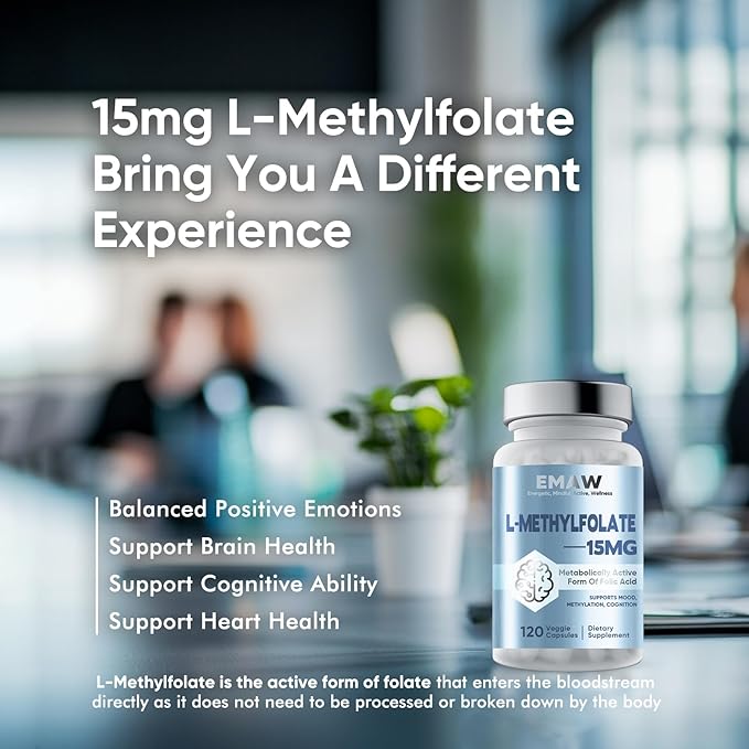 L Methylfolate 15 mg, with Methyl B12 & B6 Folate Supplement for Balanced Mood, Support Brain Health & Immune, 120 Capsules