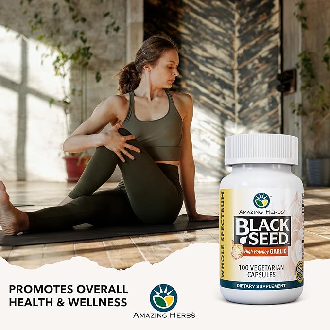 Amazing Herbs Whole Spectrum Black Seed & High Potency Garlic, Vegetarian Capsules - Gluten-Free, Non-GMO, Vegan, Supports Immune System, Lung Function, & Cardiovascular Health - 100 Count