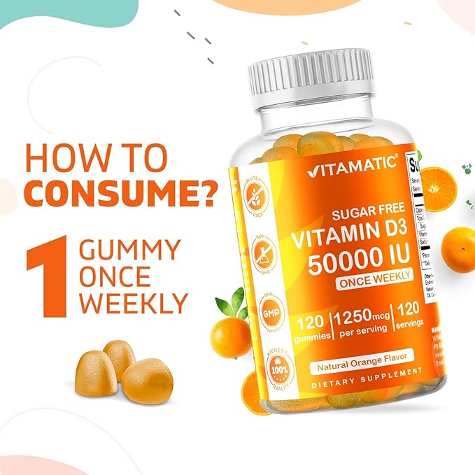 Vitamatic Sugar Free Vitamin D3 50,000 IU Weekly Supplement - 120 Pectin Based Gummies - Vitamin D Capsules for Bones, Teeth, and Immune Support (50000 IU)