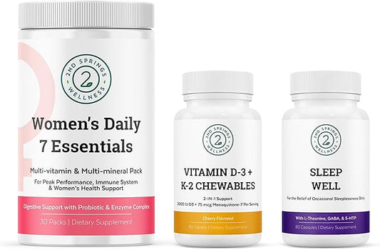 Women's Daily 7 Essentials, Vitamin D3 + K2 Chewables & Sleep Well Bundle