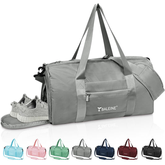 BALEINE Gym Bag for Women and Men, Small Duffel Bag for Sports, Gyms and Weekend Getaway, Waterproof Dufflebag with Shoe and Wet Clothes Compartments, Lightweight Carryon Gymbag (Silver)