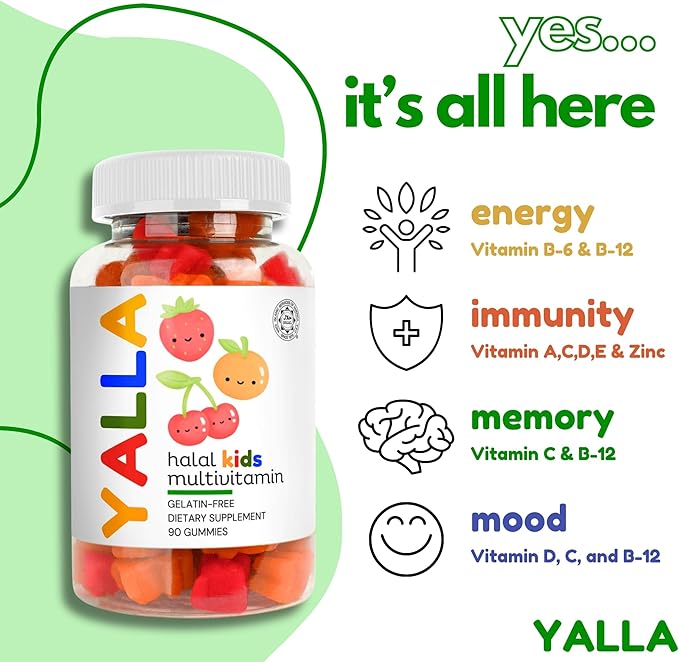 Halal Vitamins for Kids, Halal Kids Multivitamin Gummies, 45-90 Day Supply, Essential Vitamins with C, D3, Zinc for Immunity, B6 B12 for Energy, ISA Certified, Gelatin Free