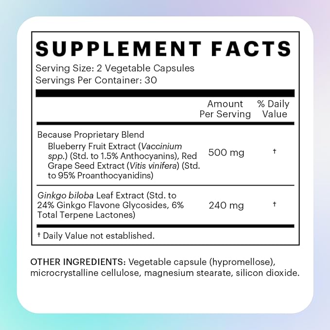 Because Brain Supplement for Memory & Focus - Proprietary Blend with Ginkgo Biloba - Supports Cognitive Function, Attention & Mental Clarity - Vegan, Gluten-Free, Non-GMO - 740mg Serving - 60 Capsules