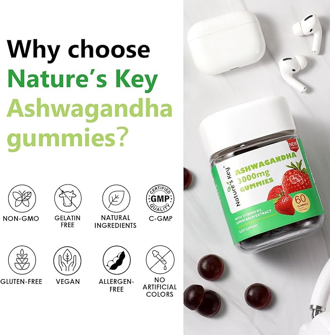 Nature's Key Upgraded 2.0 Ashwagandha Gummies, 3000mg Extra Potency Ashwagandha Supplement | with Vitamin D2, Lemon Balm, & Black Pepper ，for Stress Relief and Good Sleep (60 Count, Pack of 1)