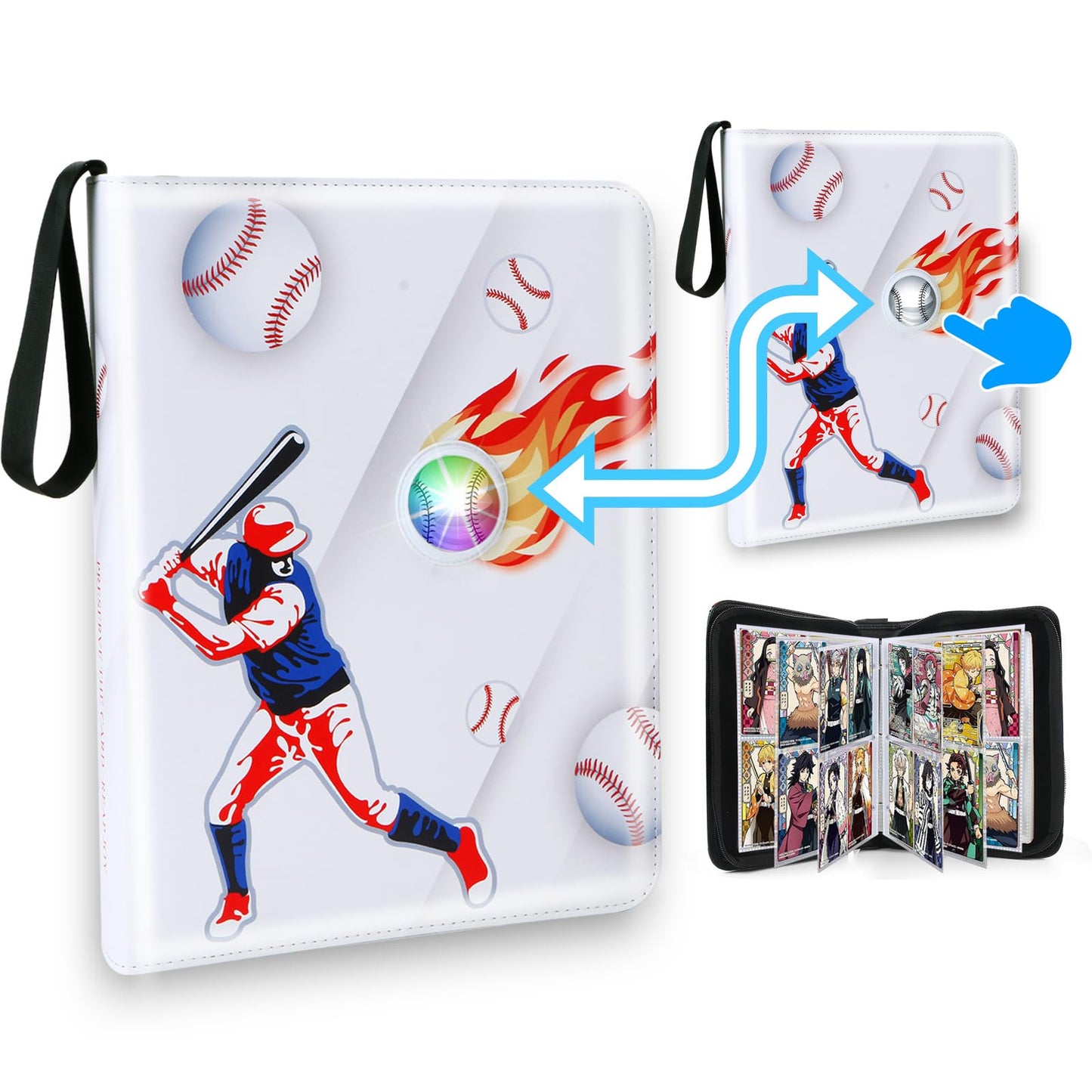 Baseball card binder,Baseball card holder,Trading Card Binder,with 7 Colorful Light Flashing Cards Binder,400 Card Capacity, Durable Leather, Zipper Closure, Convenient Handle(4Pocket)