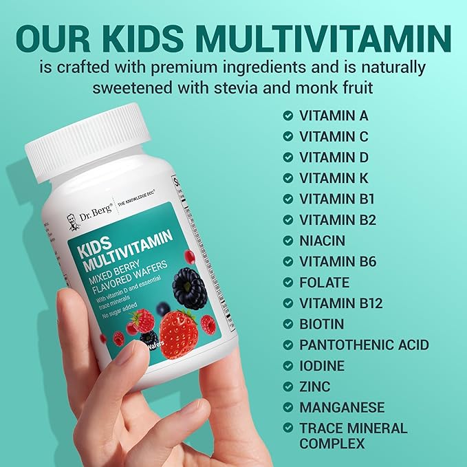 Dr. Berg Kids Chewable Multivitamins (NOT Sweetened w/Sugar) - Daily Multivitamin for Kids That Includes 20 Nutrients & Trace Mineral Complex - Mixed Berry Chewable Vitamins for Kid - Red Wafers