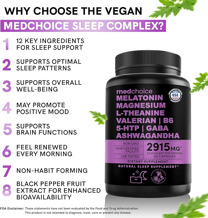 12-in-1 Melatonin Sleep Capsules - Natural Sleep Aids for Adults with Melatonin 5mg and Magnesium Glycinate 500mg, Sleep Aid with Ashwagandha, L Theanine, Valerian Root, GABA, 5-HTP (90ct, Pack of 2)