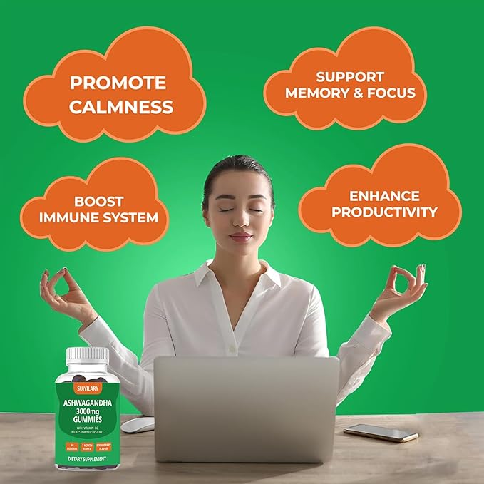 Ashwagandha Gummies 3000mg, Ashwagandha High Strength Root Extract Supplement with Vitamin D2 for Men Women, Strawberry Flavour 1 Months Supply 60 Gummies