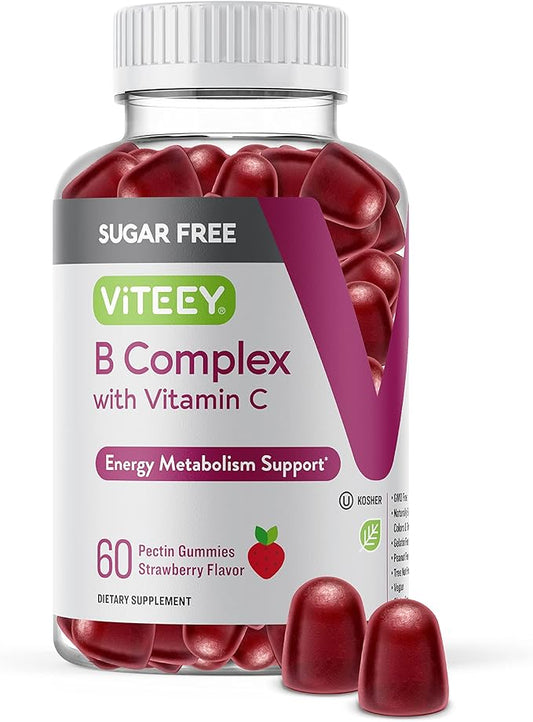 Vitamin B Complex Gummies with Vitamin C, Sugar Free - Energy, Metabolism & Nerve Health - B6, B12, Folic Acid, Biotin - Vegan, Gelatin Free, GMO Free - Tasty Chewable Strawberry Flavored Gummy