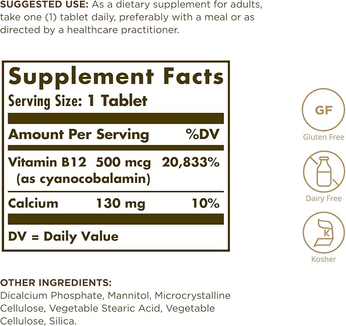 Solgar Vitamin B12 500 mcg - 100 Tablets - Vegan, Gluten Free, Dairy Free, Kosher - 100 Servings
