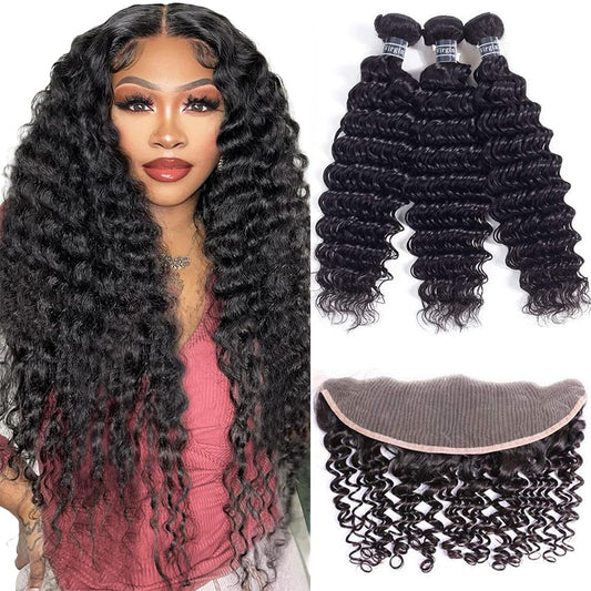 Amella Hair Deep Wave 3 Bundles with Frontal Ear to Ear Lace Frontal Closure with Bundles Brazilian Virgin Hair with Closure Human Hair Extensions (14 16 18+12inch)