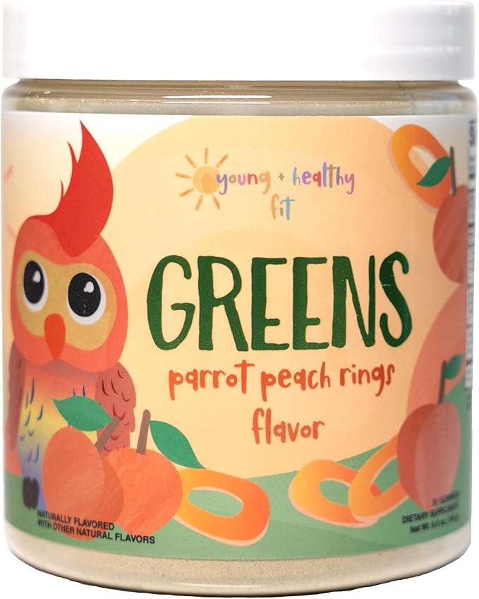 Kids Greens Powder, 30 Servings, Parrot Peach Ring, Superfood Drink Mix with Fiber for Digestive Health, Organic Fruits & Vegetables, Antioxidants, Real Food Ingredients, Ages 2+