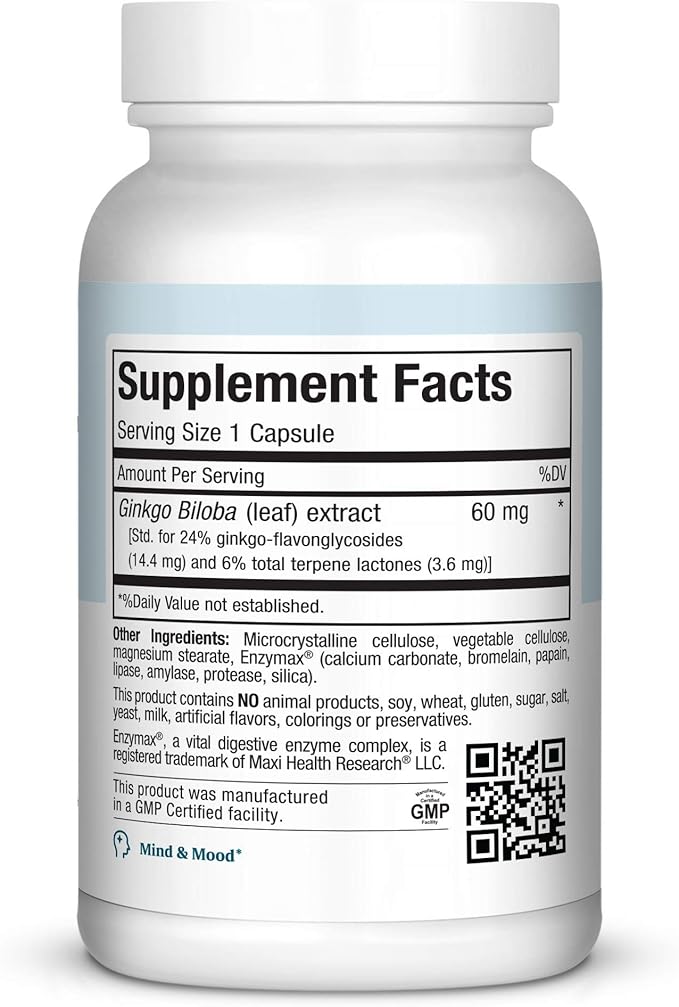 Maxi Health Ginkgo Biloba - Brain and Circulation Formula - 90 Capsules - Kosher (QGB)