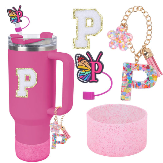 LA KEN DU Use for Stanley Cup Accessories Charms 40oz 30oz,Compatible with Stanley Cup Letter Charms for Handle Silicone Boot,Straw Cover Topper & Sticker(P)