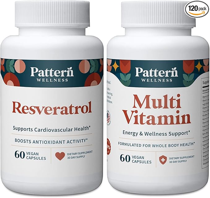 Pattern Wellness 2-Pack Multivitamin & Resveratrol Supplements - Whole Body & Heart Health - Natural Antioxidant Booster - 120 Vegan Capsules
