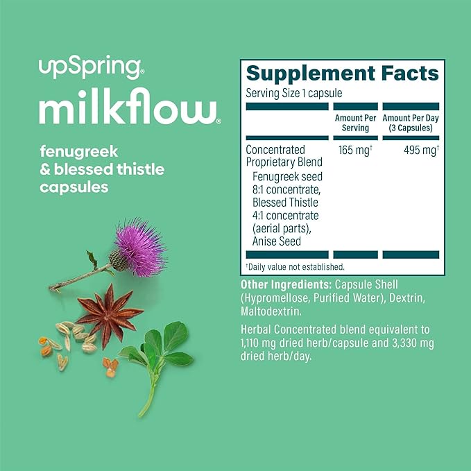 UpSpring Milkflow Lactation Supplement Capsules for Milk Supply Increase, Breastfeeding Supplements Capsules with Fenugreek & Blessed Thistle, Non-GMO, Lactation Support 100 Vegan Capsules