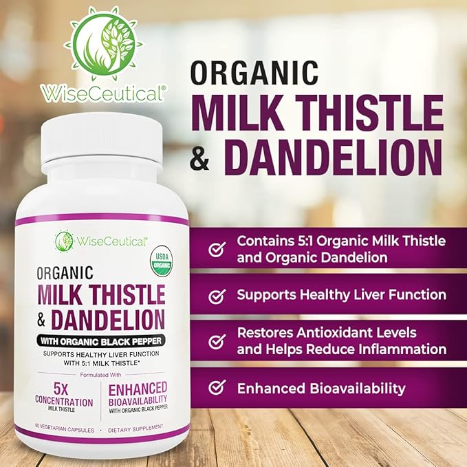Max Absorption USDA Organic Milk Thistle Potent 5:1 Concentrated Extract (2000mg Strength) & Organic Dandelion Root | Silymarin Antioxidant Flavonoid | Liver Support Supplement (60 Count (Pack of 3))