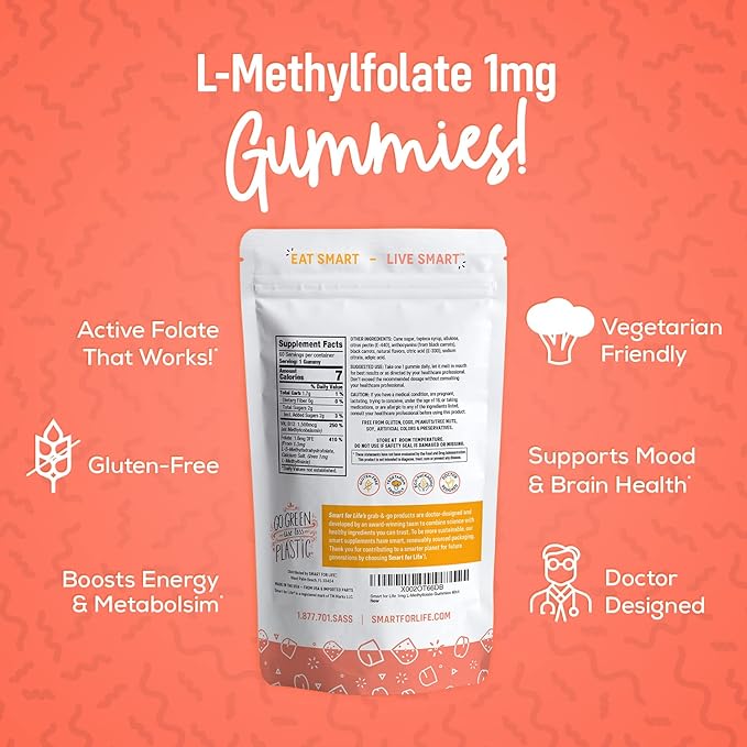 Smart for Life L-Methylfolate Gummies with Vitamin B12 Raspberry Flavor - 1mg - 60 Gummies - Active Folate 5 MTHFR Support Supplement Professional Strength - Doctor Designed Methyl Folate
