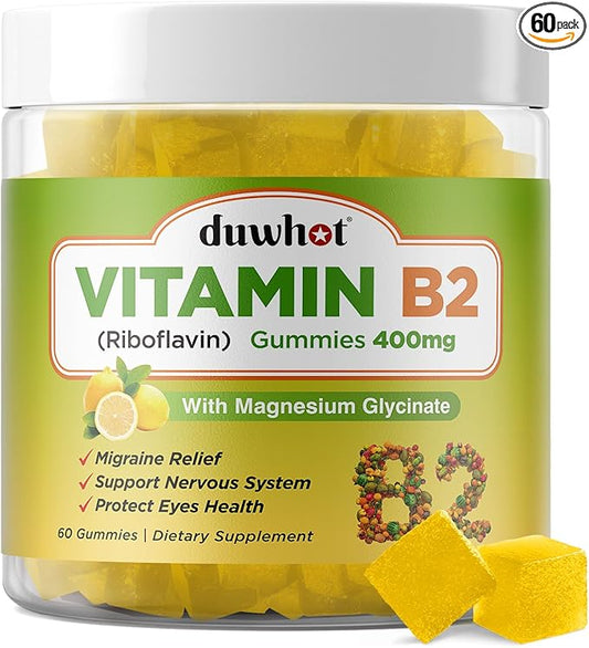 Vitamin B2 Gummies with Magnesium- Riboflavin 400mg for Migraine Relief & Headache Relief, B2 Vitamins Gummies for Adults & Kids, Vegan, 60 Chewable