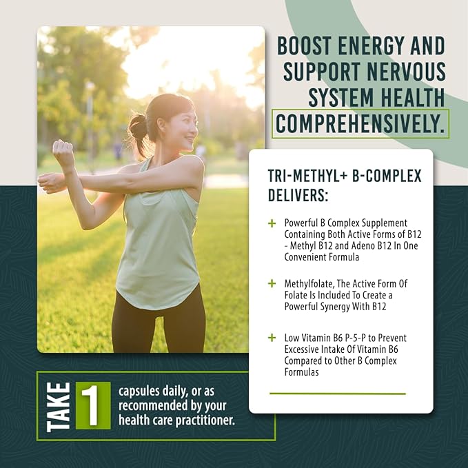 Tri-Methyl+ B Complex Methylated B Vitamins - Full Spectrum Methyl B Complex Vitamin Supplement For MTHFR Support with Active Forms of B12 Methylcobalamin, Adenosylcobalamin, and Methylfolate