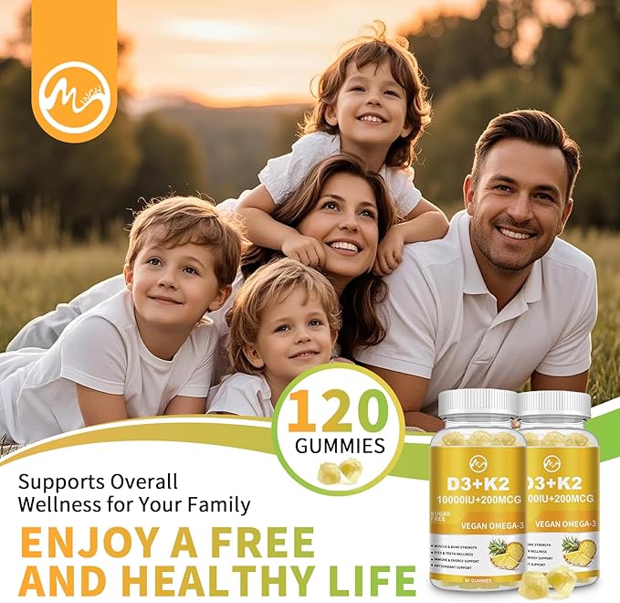Vitamin D3 K2 Filled Gummies, Vitamin D3 10000IU, K2 (MK-7) 200mcg, Sugar Free K2 D3 Vitamin Supplement with Omega-3, Calcium, Magnesium, Zinc for Muscle, Bones & Immune Support, 2 Packs