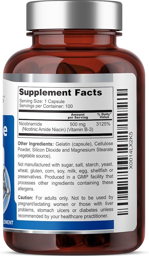 B-3 Nicotinamide 500 mg 100 Caps - Nicotinic Amide Niacin Natural Flush-Free Vitamin Formula - Supports Skin Cell Health
