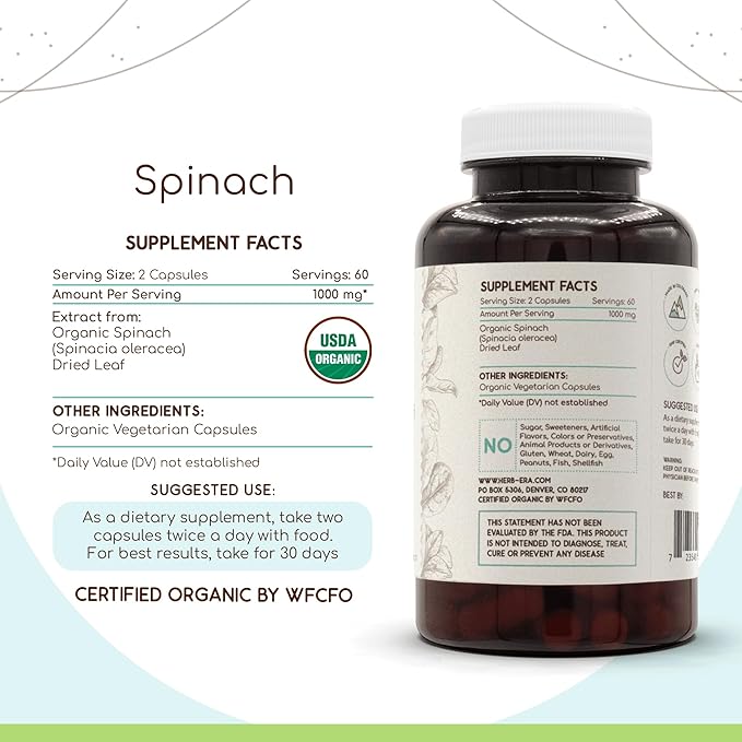 Spinach USDA Organic 120 Capsules | Natural Herbal Supplement | Certified Organic Vegetarian Capsules and Organic Spinach (Spinacia oleracea) Dried Leaf (120 Capsules)