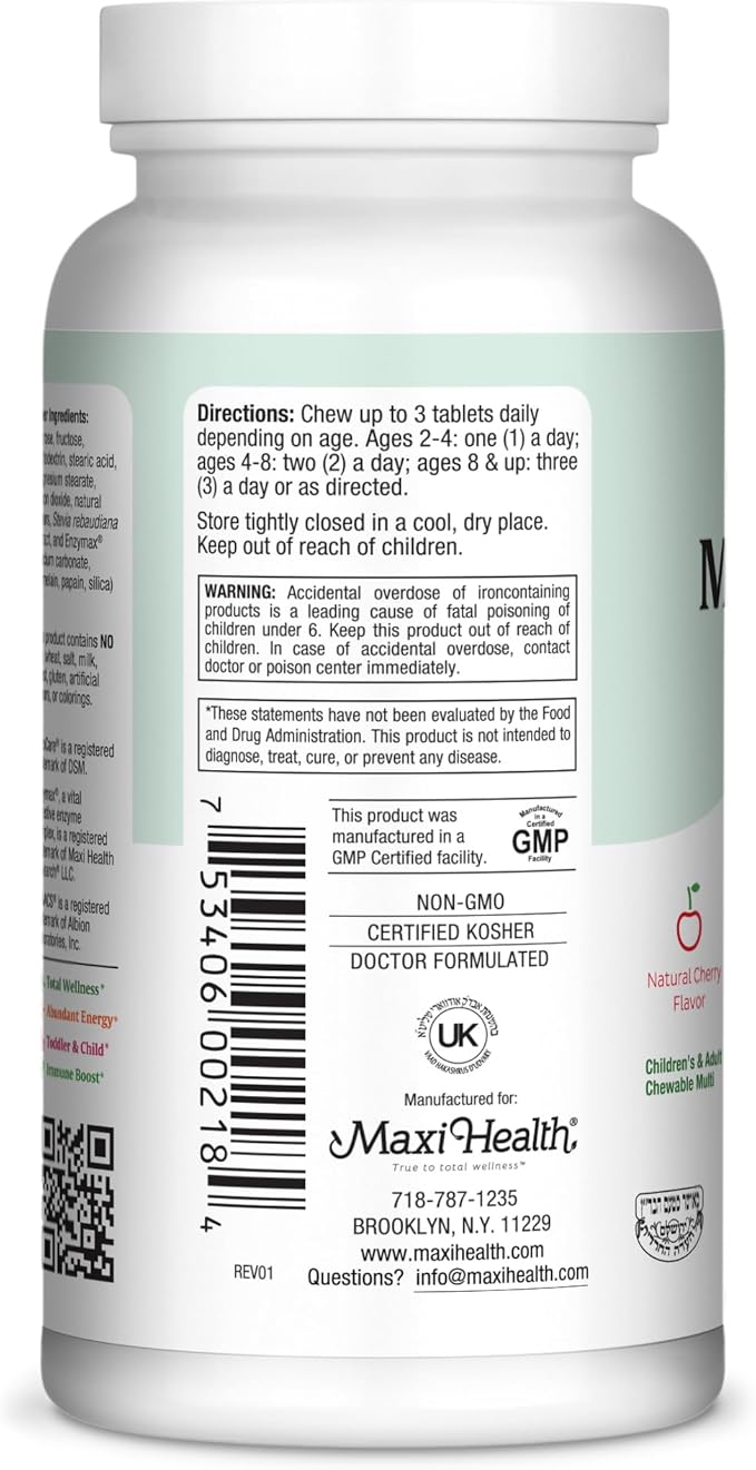 Maxi Health Chewable Multivitamin for Kids, Teens and Adults - Cherry Chewable Vitamins for Adults & Children - Kosher Kids Multivitamin + Iron (180 Tablets)