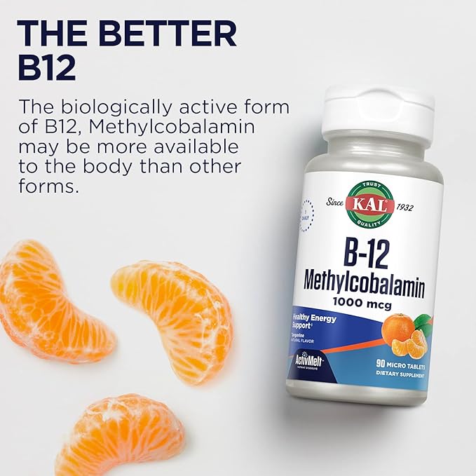 KAL Vitamin B12 Methylcobalamin 1000mcg, Healthy Energy, Metabolism, Nerve & Red Blood Cell Support,* Fast Dissolve ActivMelt, Optimal Absorption, Natural Tangerine Flavor, 90 Servings, 90 Micro Tabs