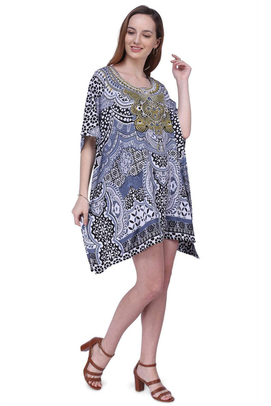 Miss Lavish London Women's Momo Kaftan Dress - Boho Floral Summer Tunic Top, Loose Beach Dress, Short Swimsuit Cover Up, Printed Mini Dress, Casual Loose Dress, African Caftans - Black, XX-Large