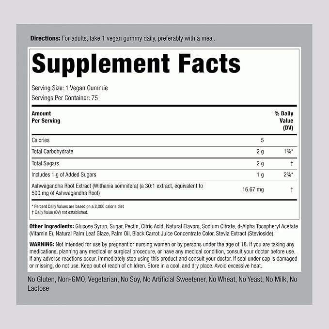 Piping Rock Ashwagandha Gummies Supplement | 75 Count | for Women and Men | Tropical Flavor | Vegan Formula | Non-GMO, Gluten Free