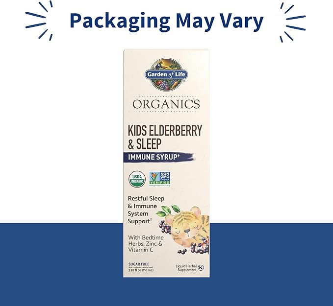 Garden of Life Organics Elderberry Immune Support for Kids with Zinc, Vitamin C - Kids Elderberry & Sleep Immune Syrup Liquid, Bedtime Herbs for Children, No Alcohol, No Added Sugar, 3.92 fl oz