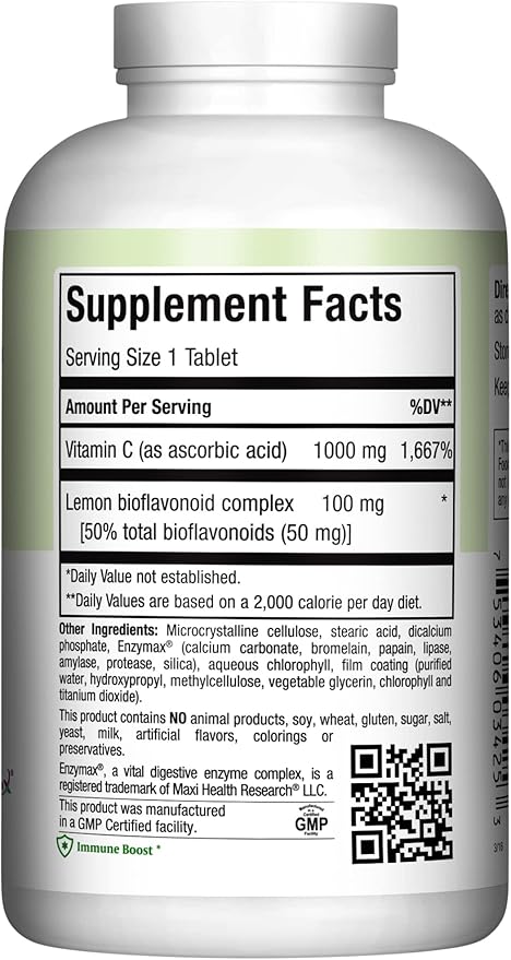 Maxi Health 1000 mg Vitamin C - 1000mg Tablets Ultra High Absorption Formula - Gluten Free Kosher Dietary Non GMO Supplement for Immune Support - Vitamin C Tablets from Ascorbic Acid, (250 Count)