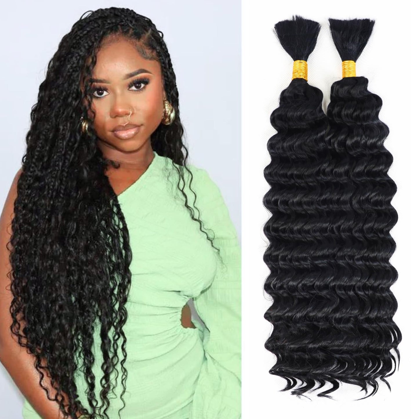 Deep Wave Bulk Hair For Braiding Hair 20inch 2 Bundles/Pack Total 155g Wet And Wavy No Weft Quality Synthetic Hair Braiding Extensions For Boho Braids Natural Black
