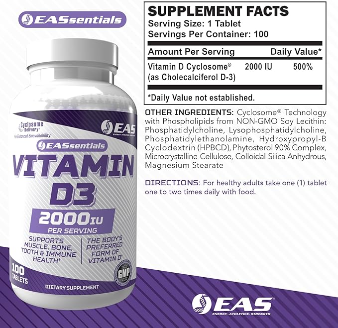 Vitamin D3 2000 IU | Supports Muscle, Bone, Tooth, & Immune Health | Gluten Free, Non GMO | Better Absorption with Cyclosome Delivery | 100 Tablets