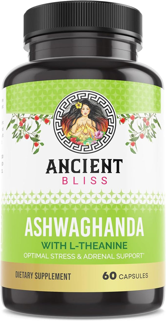 Ancient Bliss Ashwagandha with L-Theanine & Black Pepper Extract Capsules, Energy & Natural Mood Support Supplement, Focus Supplement for Adults