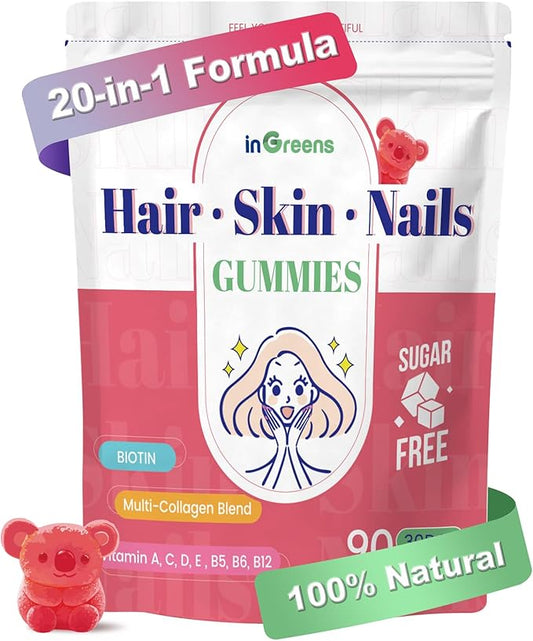 20-in-1 Hair and Nails Gummies - Hair, Skin and Nails Vitamins for Women - 10000 mcg Biotin, Vitamins A, C, D, E - Supports Hair Growth & Radiant Skin - White Peach Flavor - 90 Gummies
