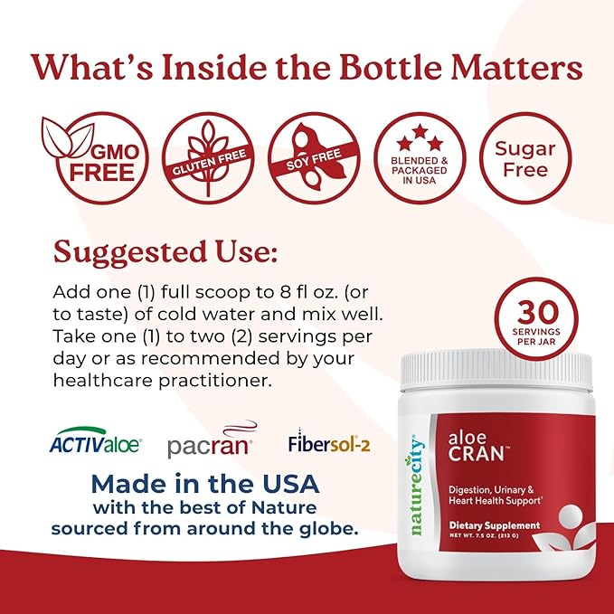 NatureCity AloeCran Sugar Free Drink Mix Supplement | Pure Aloe Vera, Cranberry Powder & Dietary Fiber| Unsweetened Cranberry Concentrate | Supports Digestive, Urinary & Metabolic Health | 60 Servings