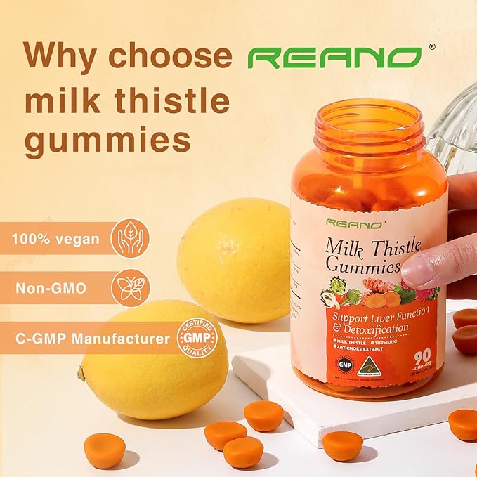 REANO Milk Thistle Gummies with Artichoke and Turmeric, 30:1 Concentrated Extract, 80% Silymarin, 30% Silybin, Non-GMO, Gluten-Free, 90 Count