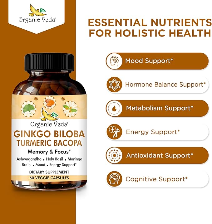 Organic Veda Ginkgo Biloba Turmeric Bacopa Brain Supplement for Memory, Mood & Focus with Ashwagandha - Concentration, Energy & Brain Booster, Healthy Joints & Circulation Support - 60 Vegan Capsule