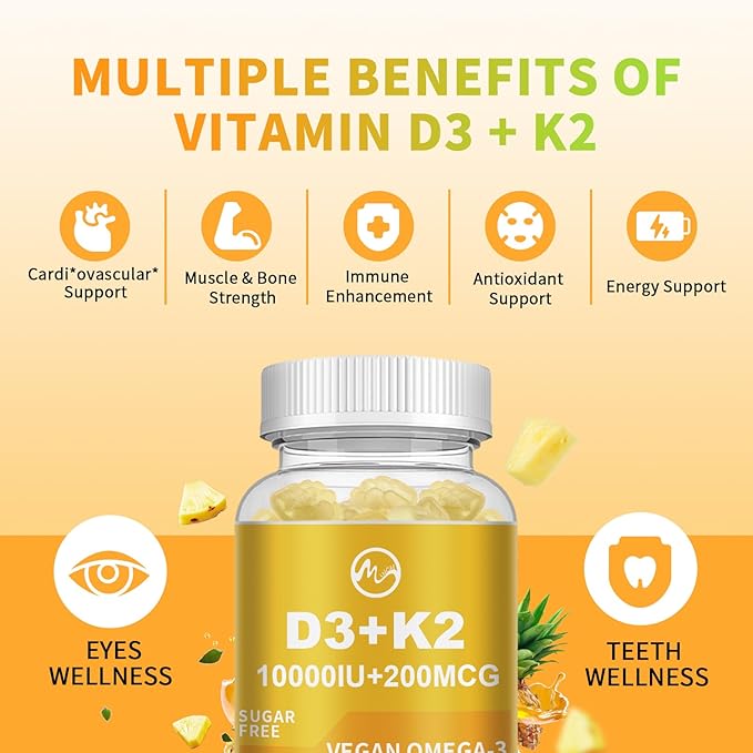 Vitamin D3 K2 Filled Gummies, Vitamin D3 10000IU, K2 (MK-7) 200mcg, Sugar Free K2 D3 Vitamin Supplement with Omega-3, Calcium, Magnesium, Zinc for Muscle, Bones & Immune Support, 2 Packs