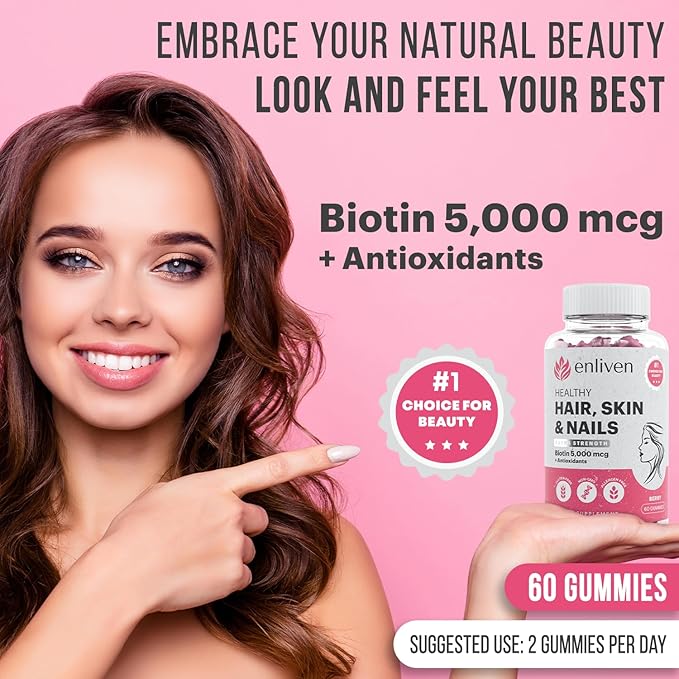enliven Biotin Hair Skin and Nail Vitamins | Biotin Gummies 5000mcg + for Hair Growth, Skin Care, and Stronger Nails | Berry Flavor (60 Gummies)