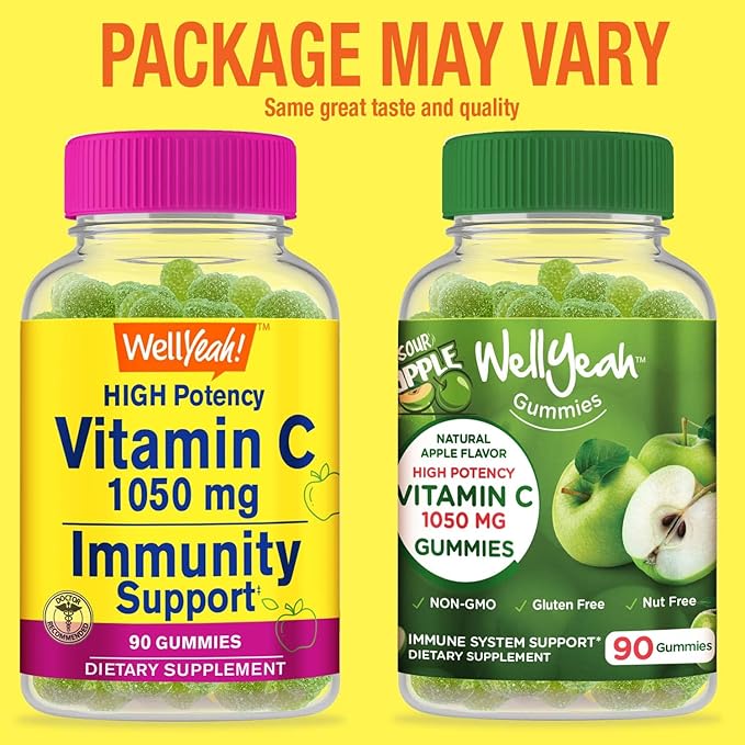 Vitamin C 1050 mg Gummies 2 Pack - Sour Apple Flavor - Immune Support Dietary Supplement, Antioxidant Support - Extra Strength Vegetarian Gummy, Non-GMO, Gluten Free - 30 Servings