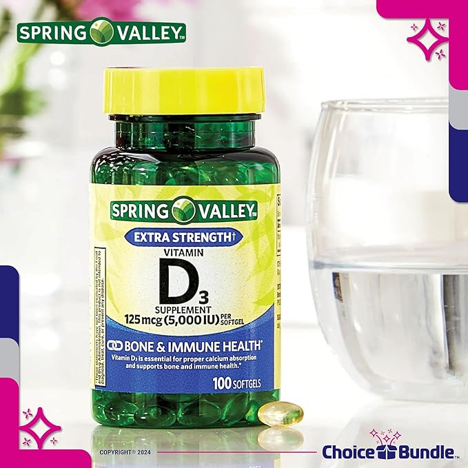 Spring Valley Vitamin D3 Softgels 125 mcg per Soft Gel 5,000 IU 100 Ct 4 pk (400 Total) + Vitamin Guide & Pill Container (6 Items)!