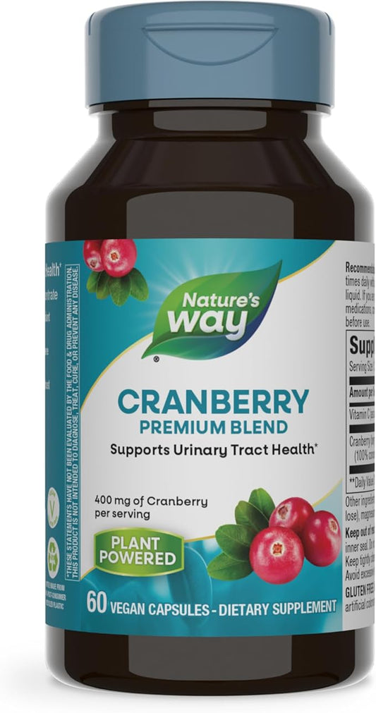 Nature's Way Premium Blend Cranberry, Urinary Tract Health Support*, with 100% Cranberry Concentrate, 400 mg Per Serving, 60 Capsules (Packaging May Vary)