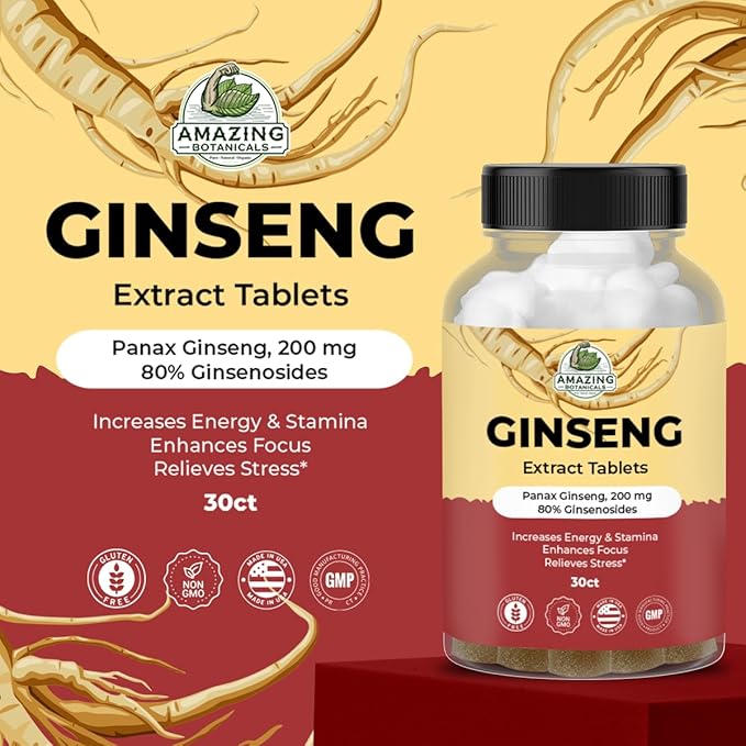 Panax Ginseng Extract Tablets - 200mg Highly Potent 80% Ginsenosides for Energy & Relaxation - Natural Herbal Supplement for Cognitive Booster - 30 Tablets